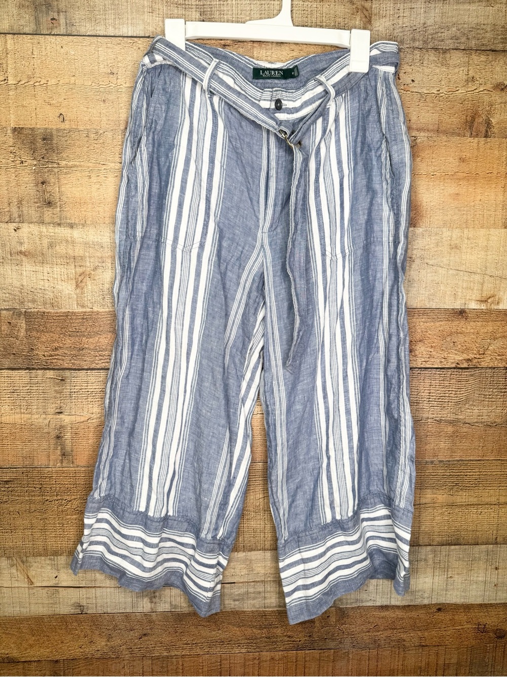Lauren Ralph Lauren Womens 12 Blue White Striped 100% Linen Crop Wide Leg Pants